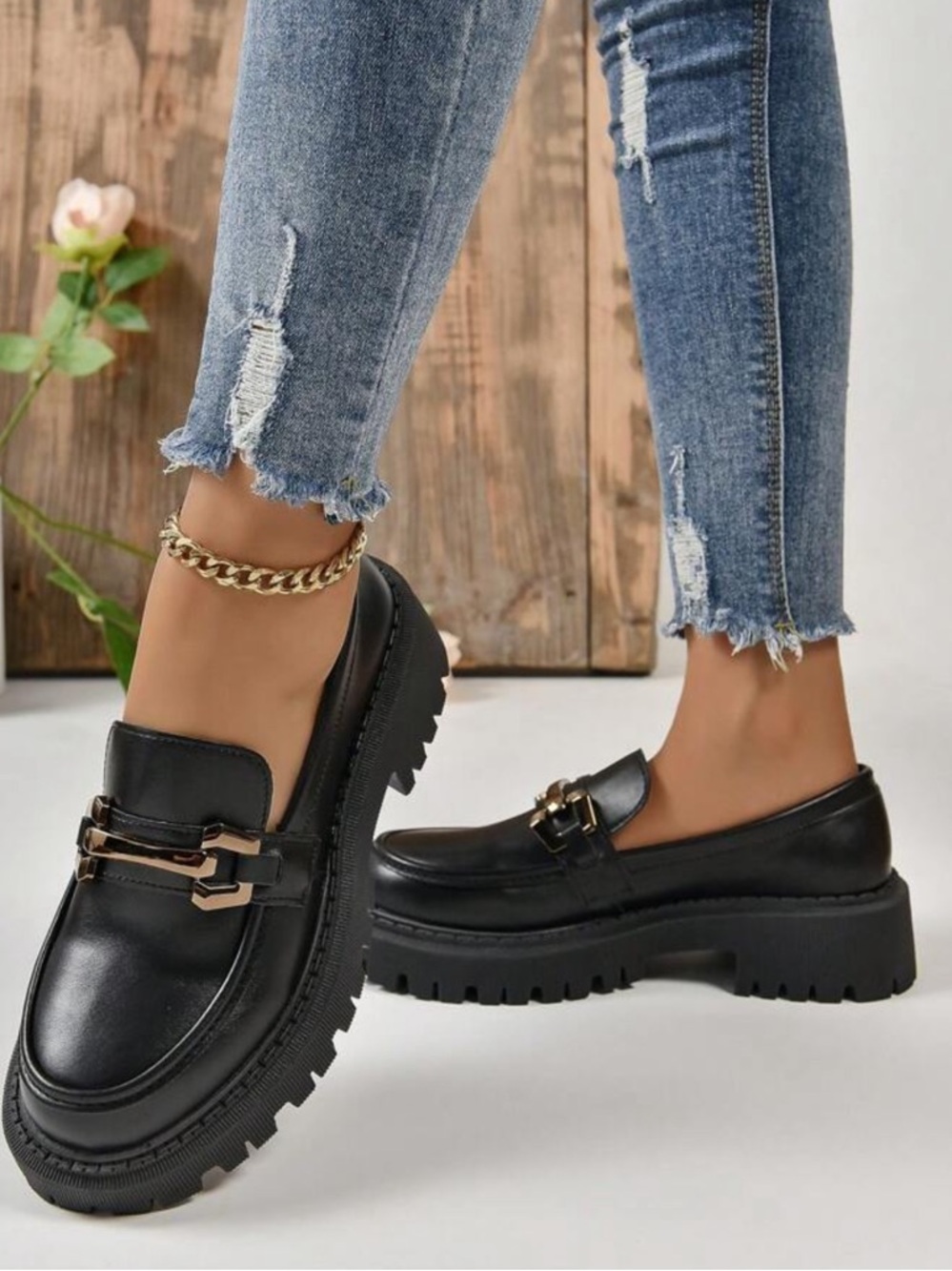Black Chunky Platform Loafers with Gold Hardware - 9.5 - Picture 2 of 6